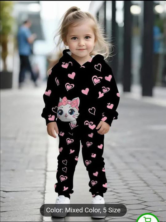 KIDS PRINTED KITTY STYLE WINTER HOODED TRACKSUIT