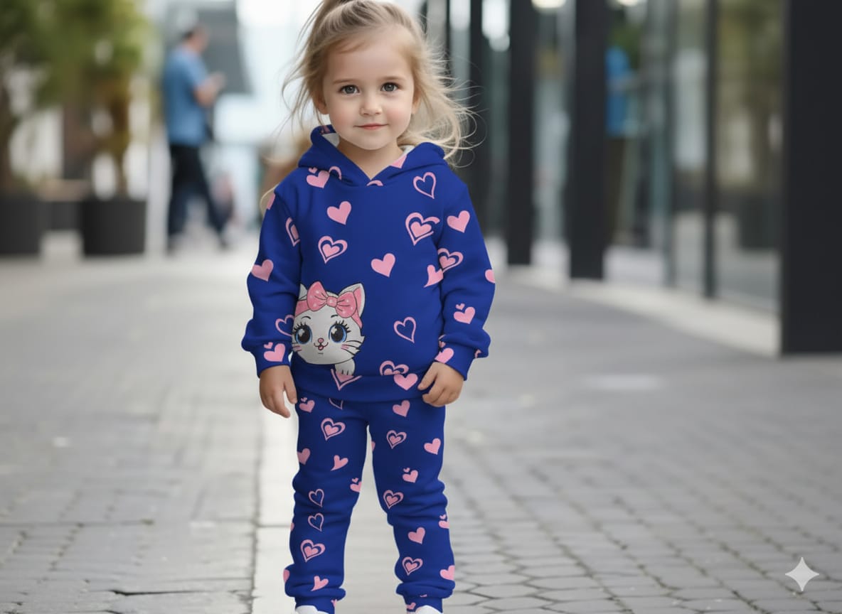 KIDS PRINTED KITTY STYLE WINTER HOODED TRACKSUIT