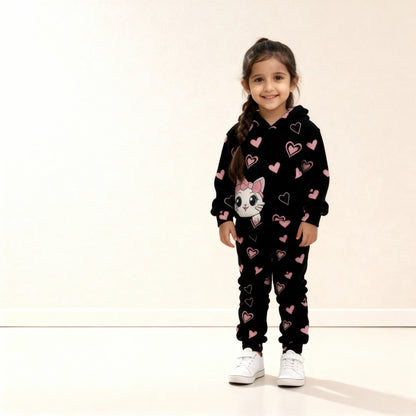 KIDS PRINTED KITTY STYLE WINTER HOODED TRACKSUIT