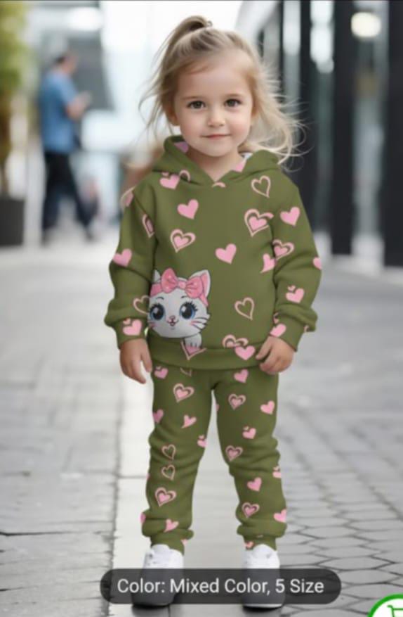 KIDS PRINTED KITTY STYLE WINTER HOODED TRACKSUIT